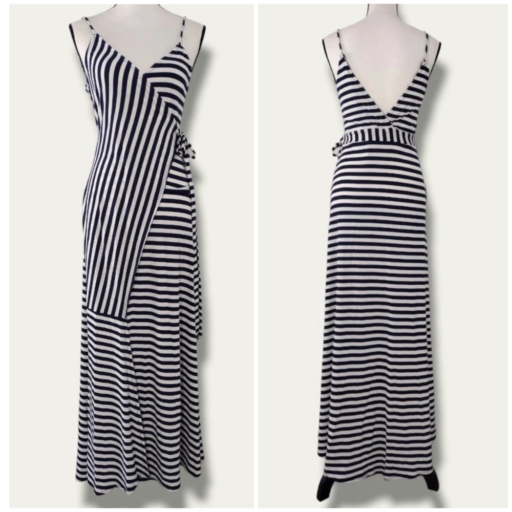 NEW IF BY THE SEA LOS ANGELES CA. Nautical Navy/White Striped Wrap Maxi Dress M